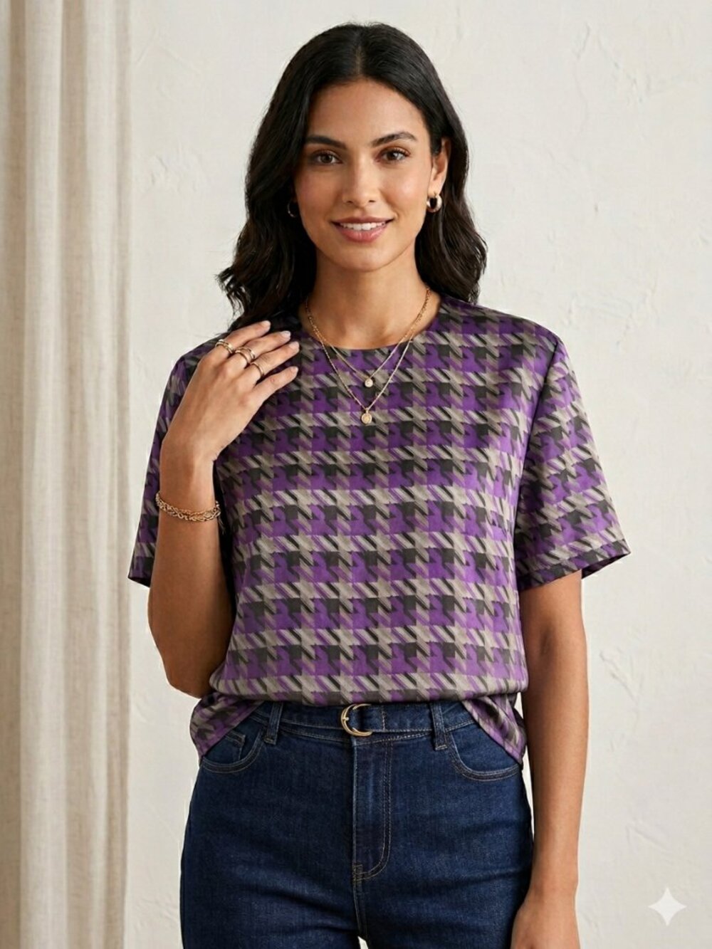 VTG Kasper for ASL Purple & Black Houndstooth Back Button Top - Sz S